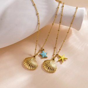 Shell Starfish Double Pendant Necklace Stainless Steel 14K Gold Plated Ocean Summer Beach Jewelry For Women