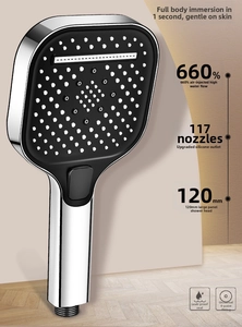 Detail of square hand shower head with 120mm faceplate and 117 silicone water nozzles