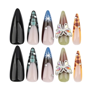 French style stiletto press-on nails with black glitter and butterfly rhinestone charms