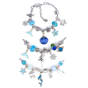 Blue ocean themed DIY charm bracelet set with silver metal beads and marine pendants