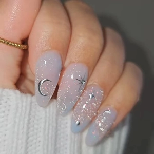 Press On Nails Plastic Cat Eye Effect Star Moon Design Gradient Purple Blue Glitter Almond Shape Shiny For Women Daily Wear