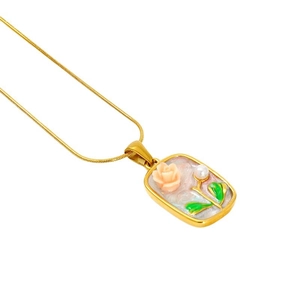 Vintage oil painting style rose pendant necklace with gold snake chain and pearl detail