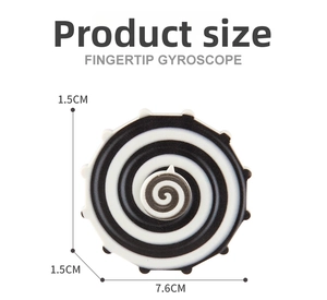 Detailed dimensions showing 7.6cm diameter and 1.5cm thickness of fingertip gyroscope