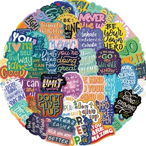Close-up of vibrant waterproof inspirational stickers with diverse typography designs