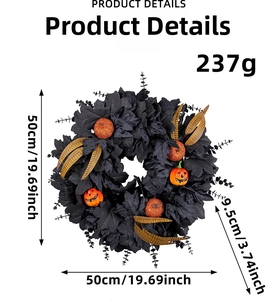 Detail of 50cm black maple leaf wreath with orange pumpkins and feathers for Halloween