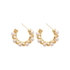 Gold plated C-shape hoop earrings with white pearls and sparkling cubic zirconia stones