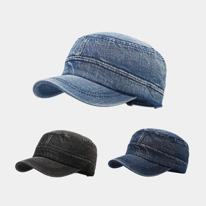 Washed Denim Cadet Cap Vintage Military Hat Flat Top Adjustable Breathable Outdoor Sun Hat For Men Women Retro Casual
