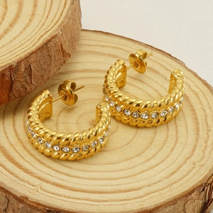 Luxury 18k gold plated U-shaped twisted hoop earrings with sparkling white crystals