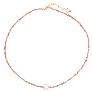 Pink gemstone bead necklace with center white pearl and golden clasp for women