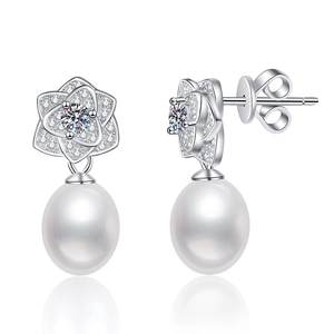 Elegant S925 silver camellia stud earrings with moissanite and teardrop freshwater pearls