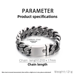 Detail showing heavy industrial stainless steel Cuban chain with brushed metal clasp