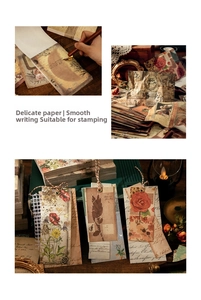 Detailed close-up of vintage floral scrapbooking paper and tags for journal decoration