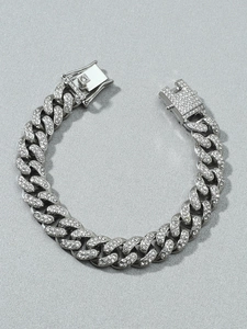 Men's silver-toned Cuban link bracelet with sparkling rhinestones and box clasp
