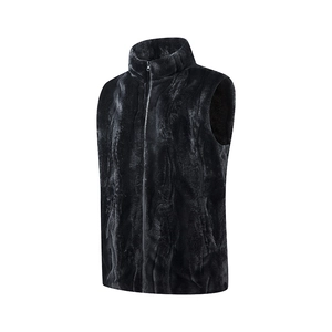 Men's black fleece stand collar vest with vertical stripes and silver metal zipper