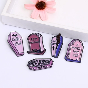 5-piece gothic enamel coffin and tombstone brooch set in pink and purple zinc alloy