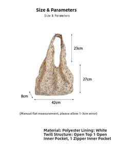 Floral canvas tote dimensions guide showing internal pockets and polyester material