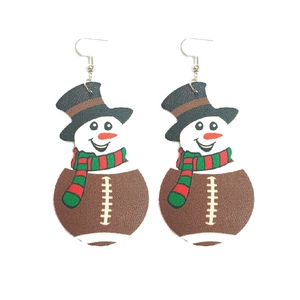 Christmas snowman leather earrings with American football pattern and festive scarf