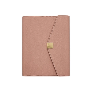 Detail of rose pink lychee leather notebook cover with square gold metal clasp closure