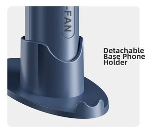 Close-up of the detachable navy blue handheld fan base used as a mobile phone holder