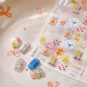 Adesivi per unghie con orsetto, fiori e fiocchi per manicure fai da te dolce e carina