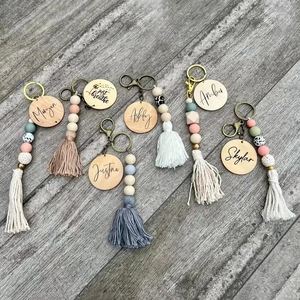 Bohemian Tassel Keychain With Wooden Disc Silicone Beads Handmade Bag Charm Accessories For Women Gift