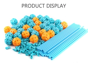 Detail of DIY building tent kit with blue and orange connector spheres and poles