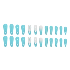 Tiffany blue long coffin press-on nails with glitter, rhinestones, and French gradient designs