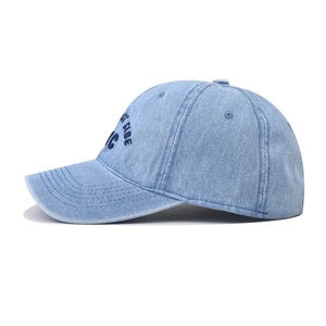 Detail of the WEST SIDE NYC embroidery and washed denim texture on the baseball cap