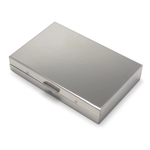 Brushed stainless steel business card holder with secure clasp on white background