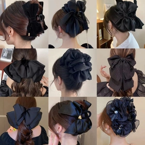 Pince À Cheveux Noeud Noir Satin Velours Dentelle Élégant Rétro Français Accessoires Pour Femmes