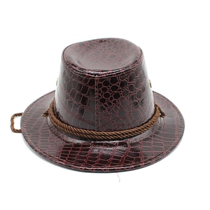 Faux crocodile leather western cowboy hat in dark red brown with woven rope trim