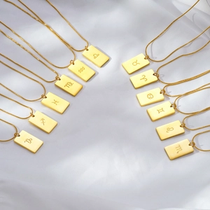 Zodiac Constellation Square Pendant Necklace 304 Stainless Steel Snake Bone Chain Minimalist Fashion Jewelry For Women