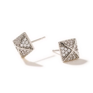 Square silver-tone pyramid stud earrings with sparkling cubic zirconia on white background