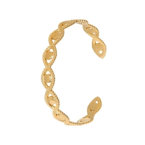 Bracciale rigido dorato in acciaio con maglie ovali e malocchio su sfondo bianco