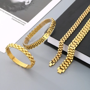 Fashionable golden stainless steel watch band chain jewelry set for men and women