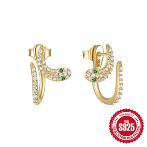 S925 sterling silver gold snake hoop earrings with white zircons and green stone eyes