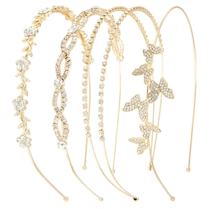 Five-piece gold rhinestone and pearl bridal headband set with floral and crown designs