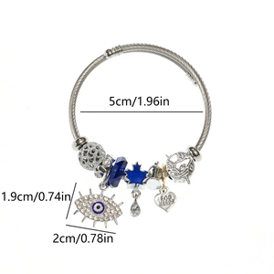 Silver stainless steel beaded bracelet featuring blue evil eye and heart charms