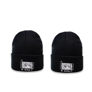 Bonnet en tricot noir pour femme avec broderie de fille d'anime et texte japonais