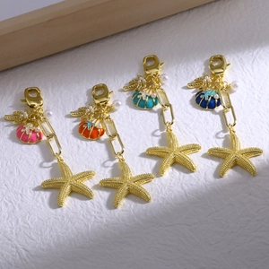Starfish Shell Keychain Gold Plated Alloy Enamel Pendant With Imitation Artificial Pearl And Zircon Ocean Theme Bag Hanging Gift