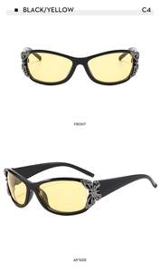 Front and side views of black rectangle sunglasses with yellow lenses and butterfly detail
