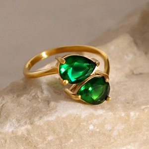 Gold stainless steel open ring featuring dual green teardrop-shaped zircon stones