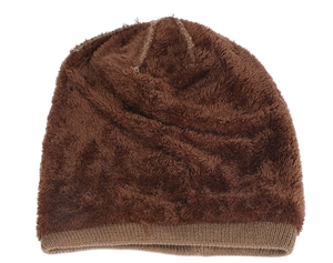 Detailed view of dark brown knitted beanie with warm fleece lining and ribbed texture