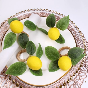 Artificial Lemon Napkin Rings Realistic Fruit Table Decor With Green Leaves Woven Base Farmhouse Rustic Style