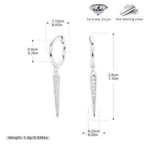 Detailed macro view showing dimensions of 925 sterling silver cone drop earrings with zircons