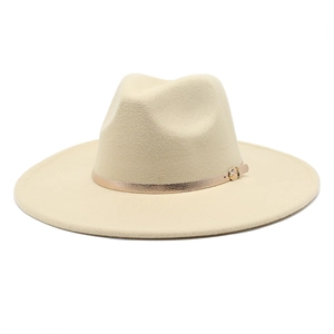 Close-up of beige wool fedora hat featuring a stylish metallic buckle band detail