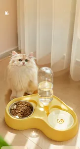 Detail of 2-in-1 pet feeder showing food bowl and automatic water bottle on wooden floor
