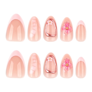 Short almond press-on nails with pink French tips and 3D floral accents in 10-piece set