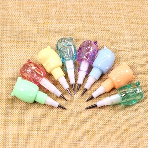 Top view of eight colorful cartoon stacking pencils arranged on a beige woven background