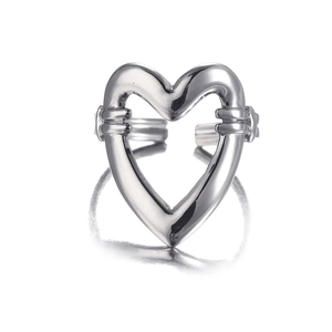 Detailed view of silver hollow heart-shaped open ring with polished metal finish